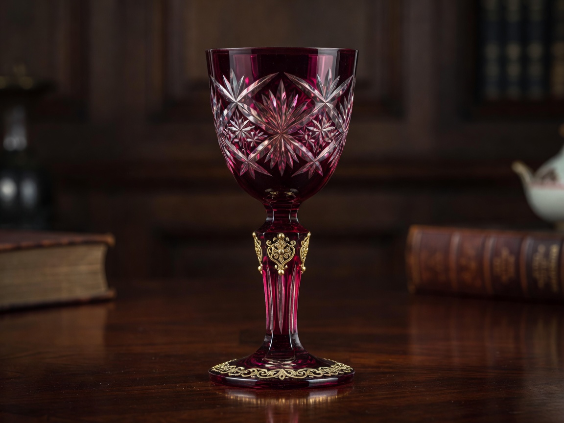 Antique Bohemian Ruby Cut Glass Goblet with Gold Filigree