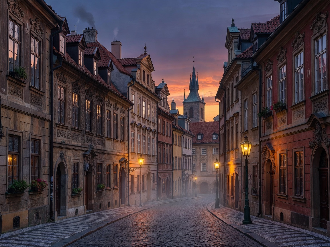 Atmospheric Prague Street Architecture at Dusk