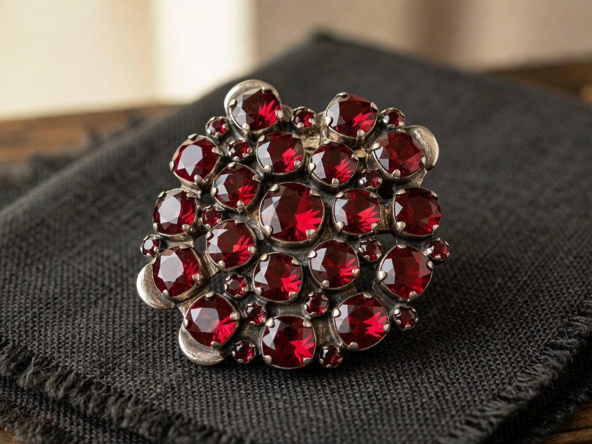 Bohemian Garnet Cluster Silver Brooch